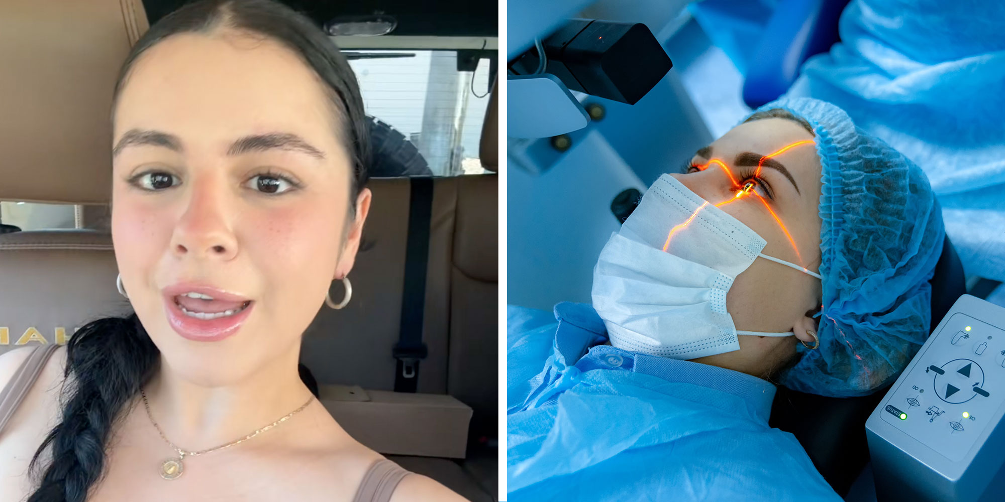 Screenshot of Tiktok user @x.oandrea; Photo of a woman having her eye scanned for LASIK surgery at an Optometrist's office.