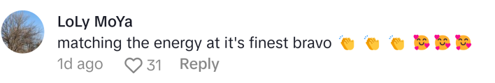 TikTok comment that reads, "matching the energy at it's finest bravo (clap and smile heart emojis)"