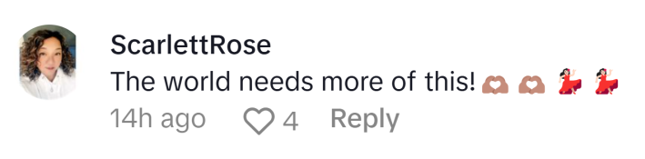TikTok comment, text reads, "The world needs more of this! (hand heart and dancing emojis)"