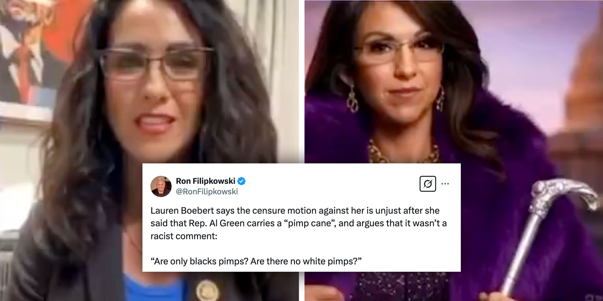 Caption: Tweet from @RonFilipkowski: "Lauren Boebert says the censure motion against her is unjust after she said that Rep. Al Green carries a “pimp cane”, and argues that it wasn’t a racist comment: 'Are only blacks pimps? Are there no white pimps?'"; Background: Screenshots of Lauren Boebert from Real America's Voice