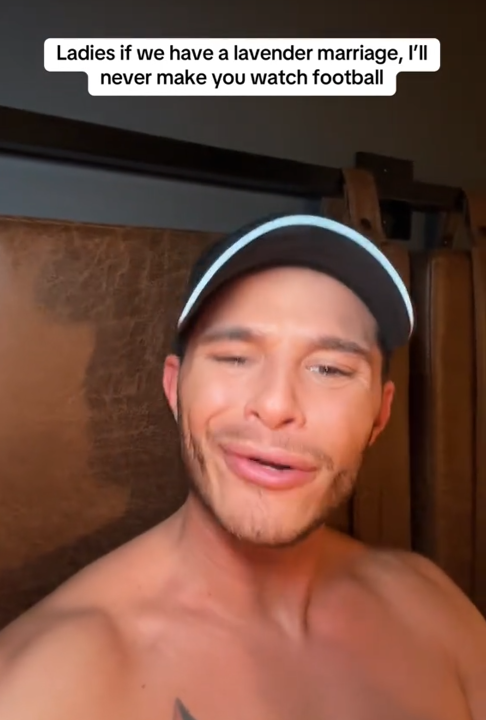TikTok video with a man in a hat talking to the camera and a caption reading "Ladies if we have a lavender marriage, I'll never make you watch football."