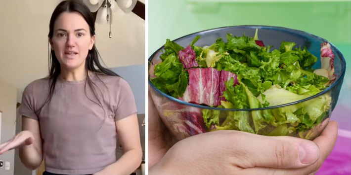 Screenshot of Tiktok user @hairbyashleef; Photo of a woman's hands holding a bowl of salad.