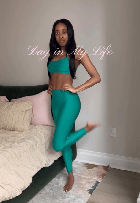Instagram video showing lottery winner @alyssamosley in teal leggings and a matching sports bra under the words "Day in My Life."