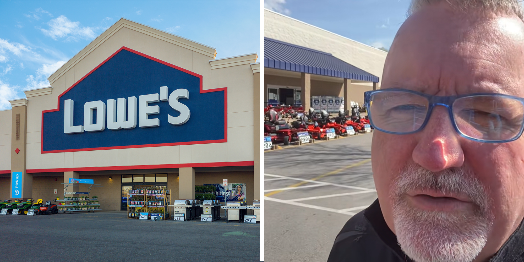 2 image split. Lowe's store on left. Man in Lowe's parking lot on right.