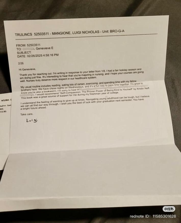 Prison letter from Luigi Mangione about his activities in prison to a nursing student.