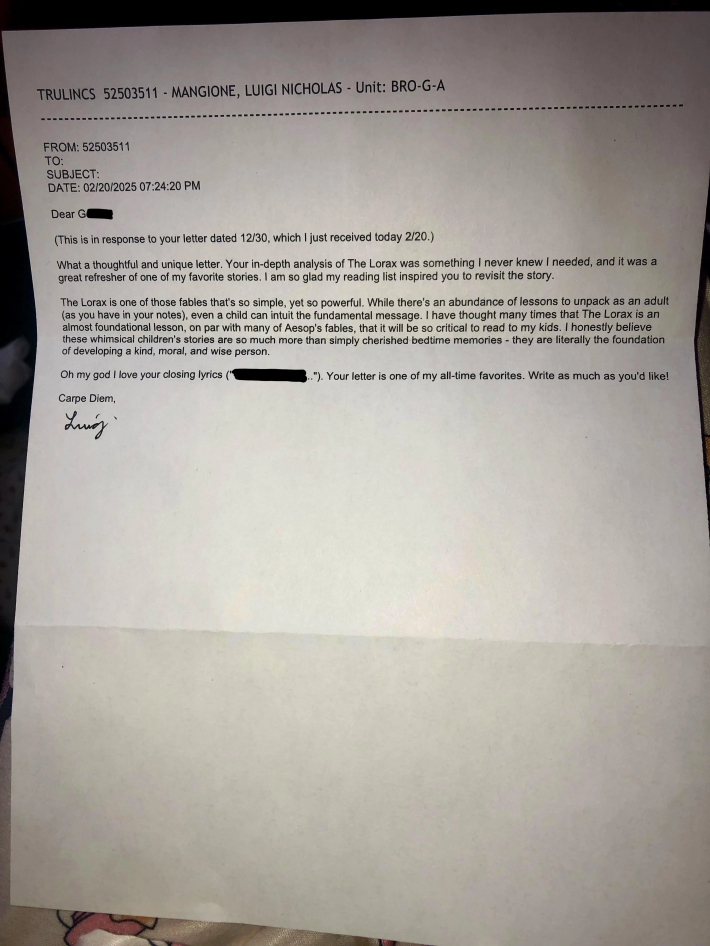 Prison letter from Luigi Mangione about The Lorax.