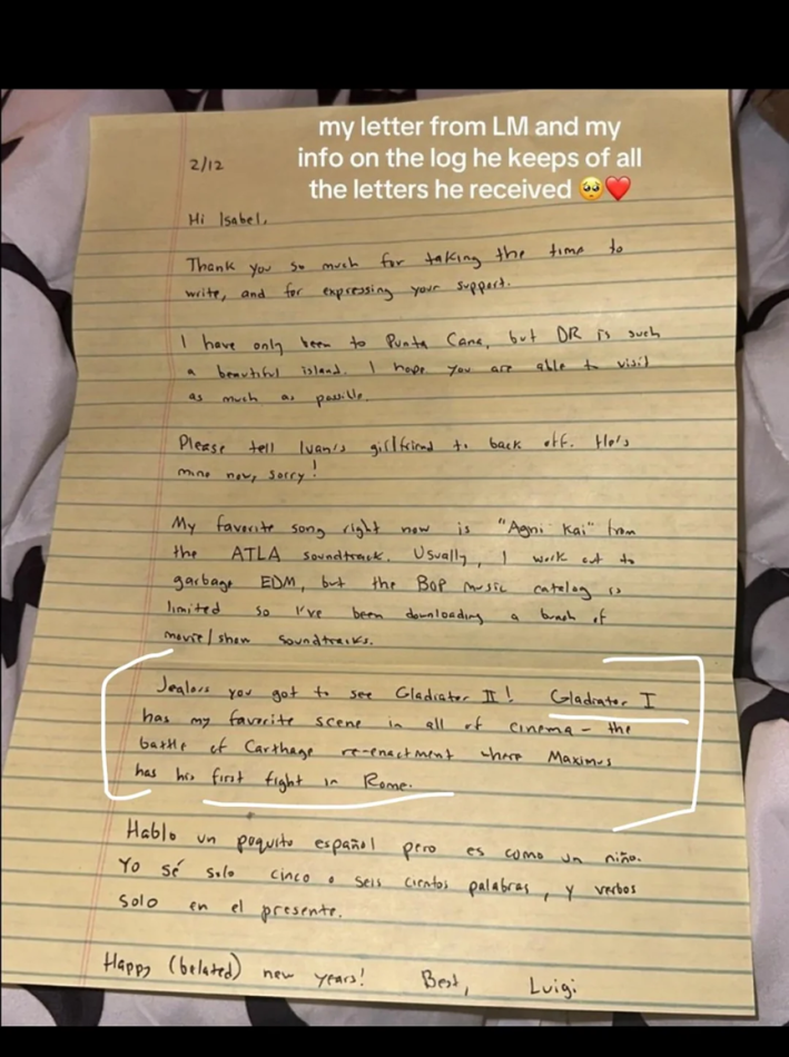 Alleged prison letter from the accused UnitedHealthcare CEO shooter about his favorite song and movie scene.