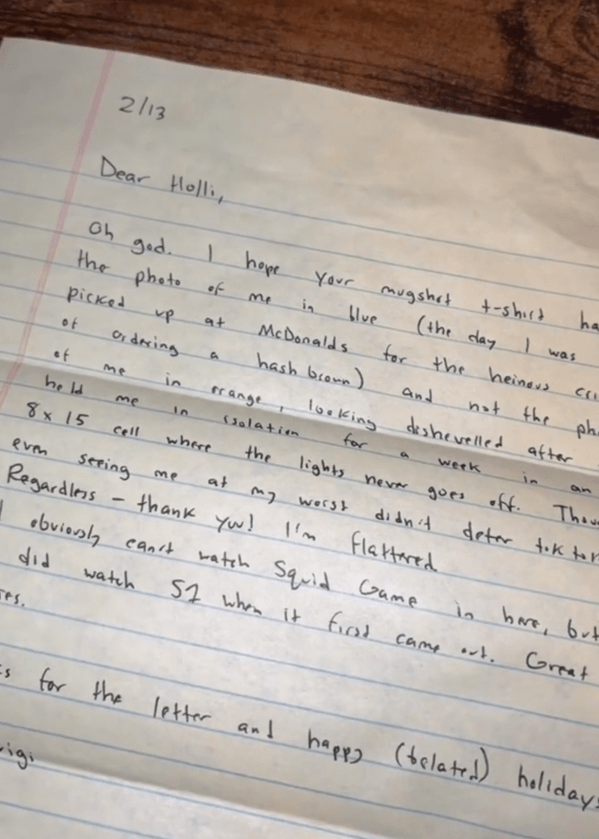 Alleged prison letter from the accused UnitedHealthcare CEO shooter about his arrest and Squid Game.