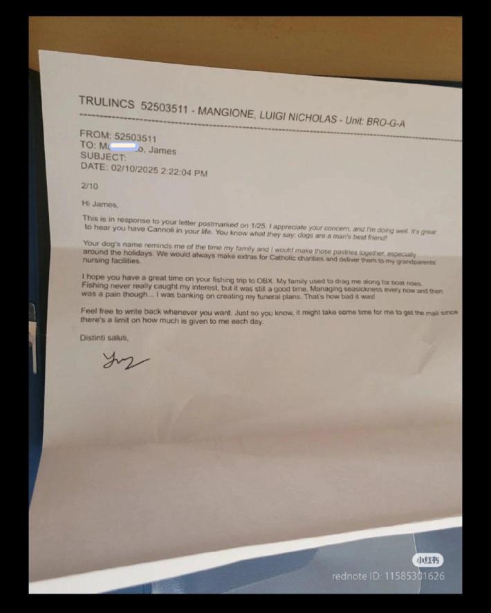 Prison letter from Luigi Mangione about baking cannoli and going on fishing trips with his family.