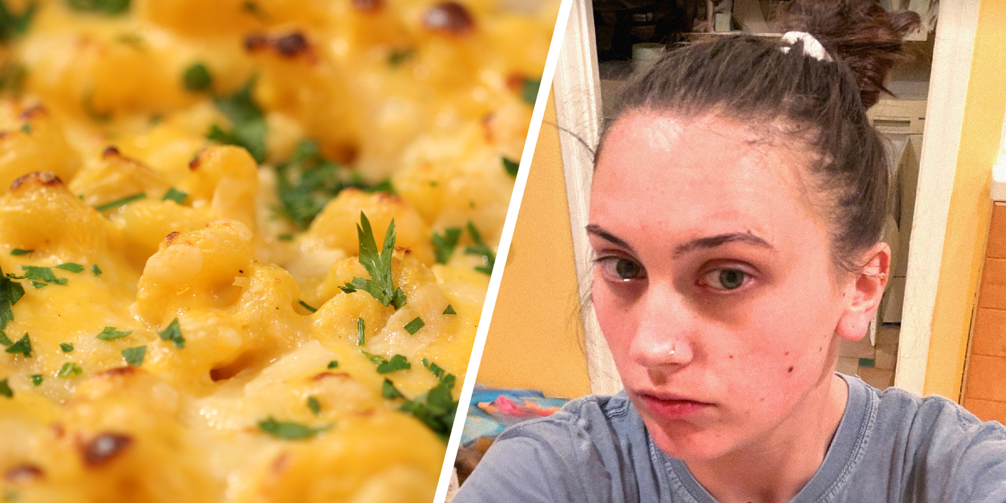 2 panel image, on the left is a close up of delicious macaroni and cheese. On the right a person looks to camera sternly.