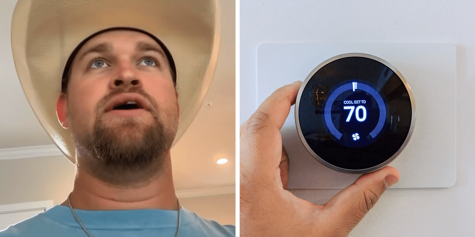 Man wearing hat and blue shirt explaining how to keep AC bill lower on left. Hand adjusting dial on thermostat on right.