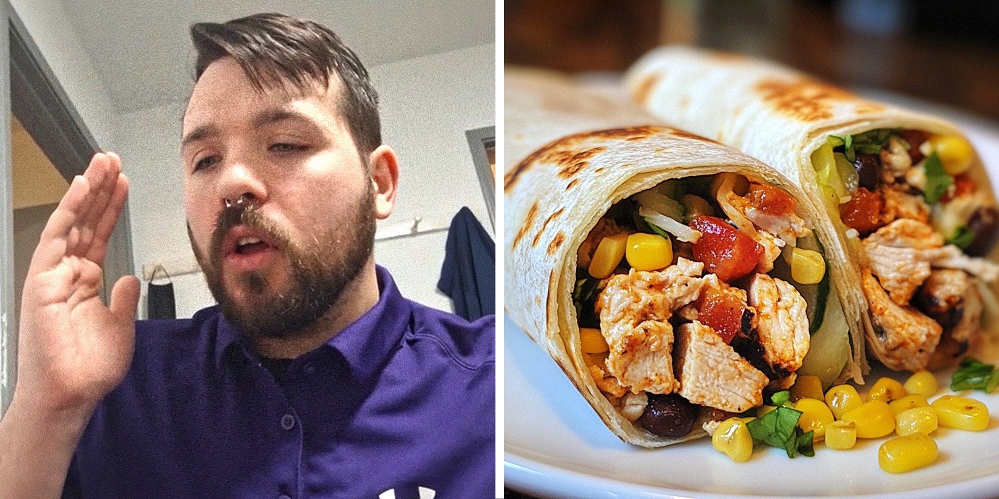 Man in purple collared shirt, with hand up, frustratedly explaining experience with microwave burrito on left. Burrito on right.