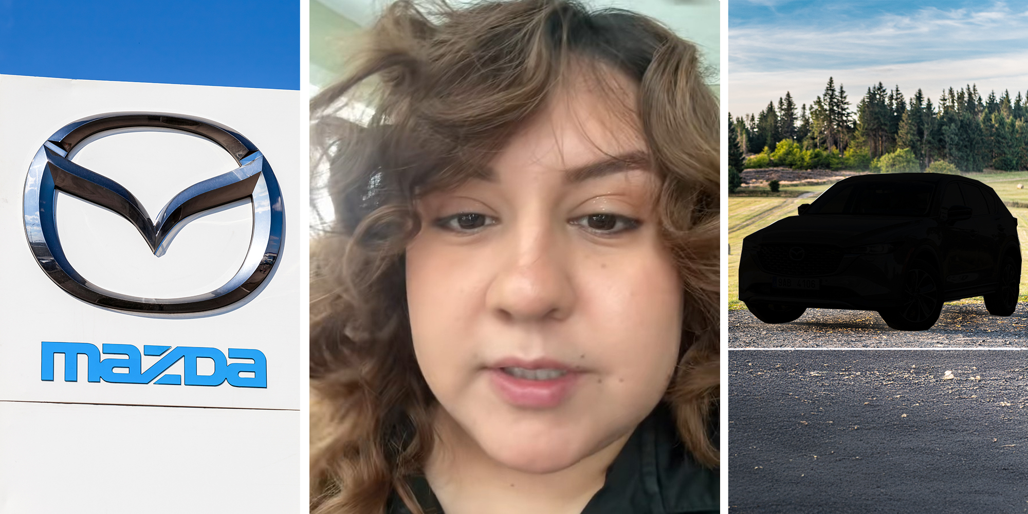Mazda Dealer Sign(l) Woman shares new shortages coming to Mazda(l) Silhouette of Mazda Vehicle(r)