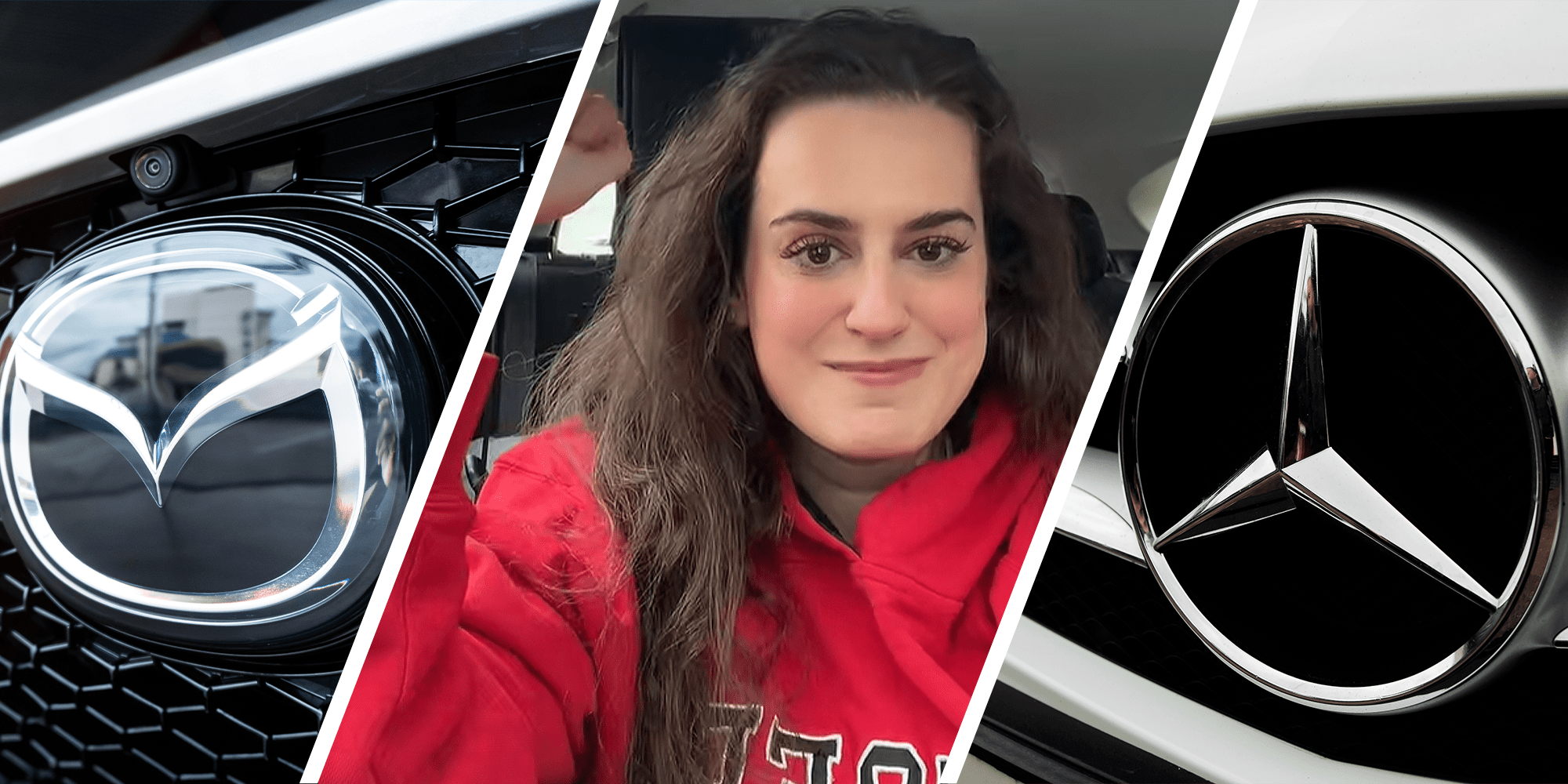 3 Image Split. Mazda logo on car on left. Woman in red hoodie speaking out of her car in center. Mercedes logo on left.