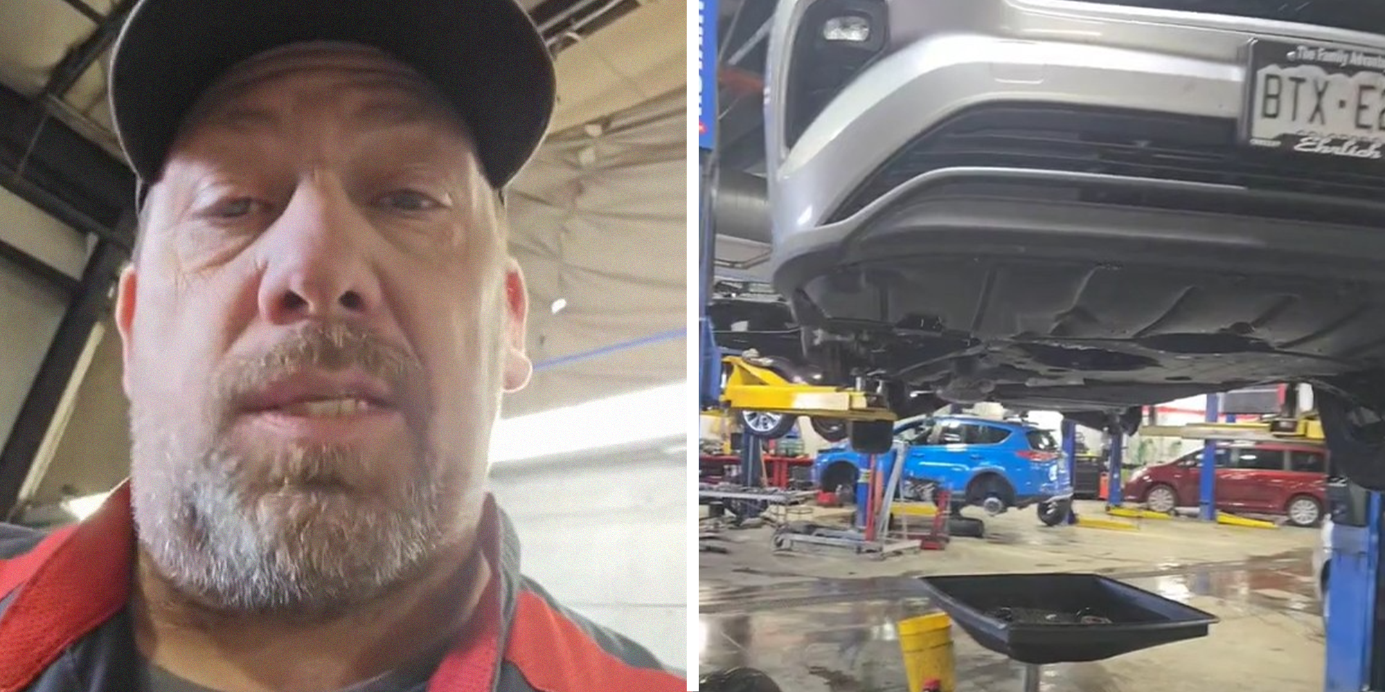 Mechanic Shares PSA(l) Vehicle lifted at mechanic shop(r)