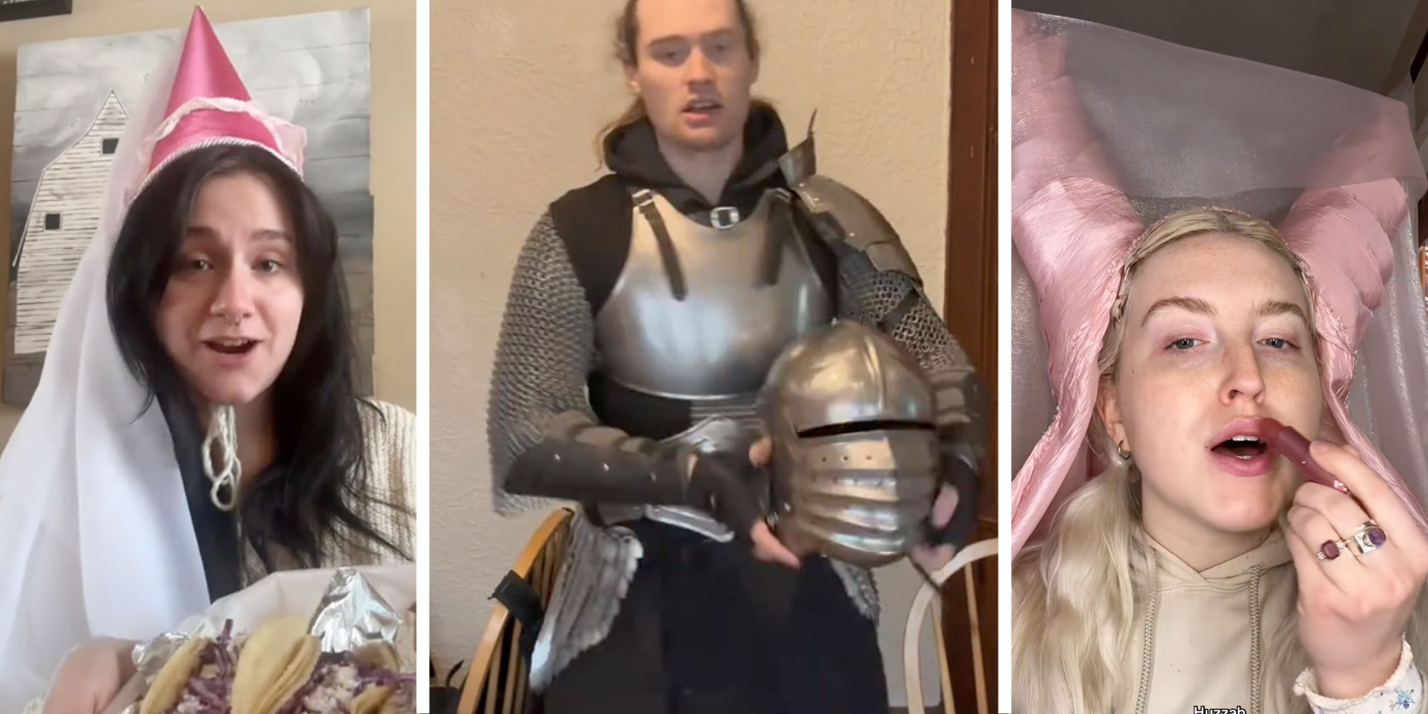 Screenshots of Tiktok users @rich.g4rbage, @iron_and_ash_, and @poppylaur performing medieval-themed Tiktoks.