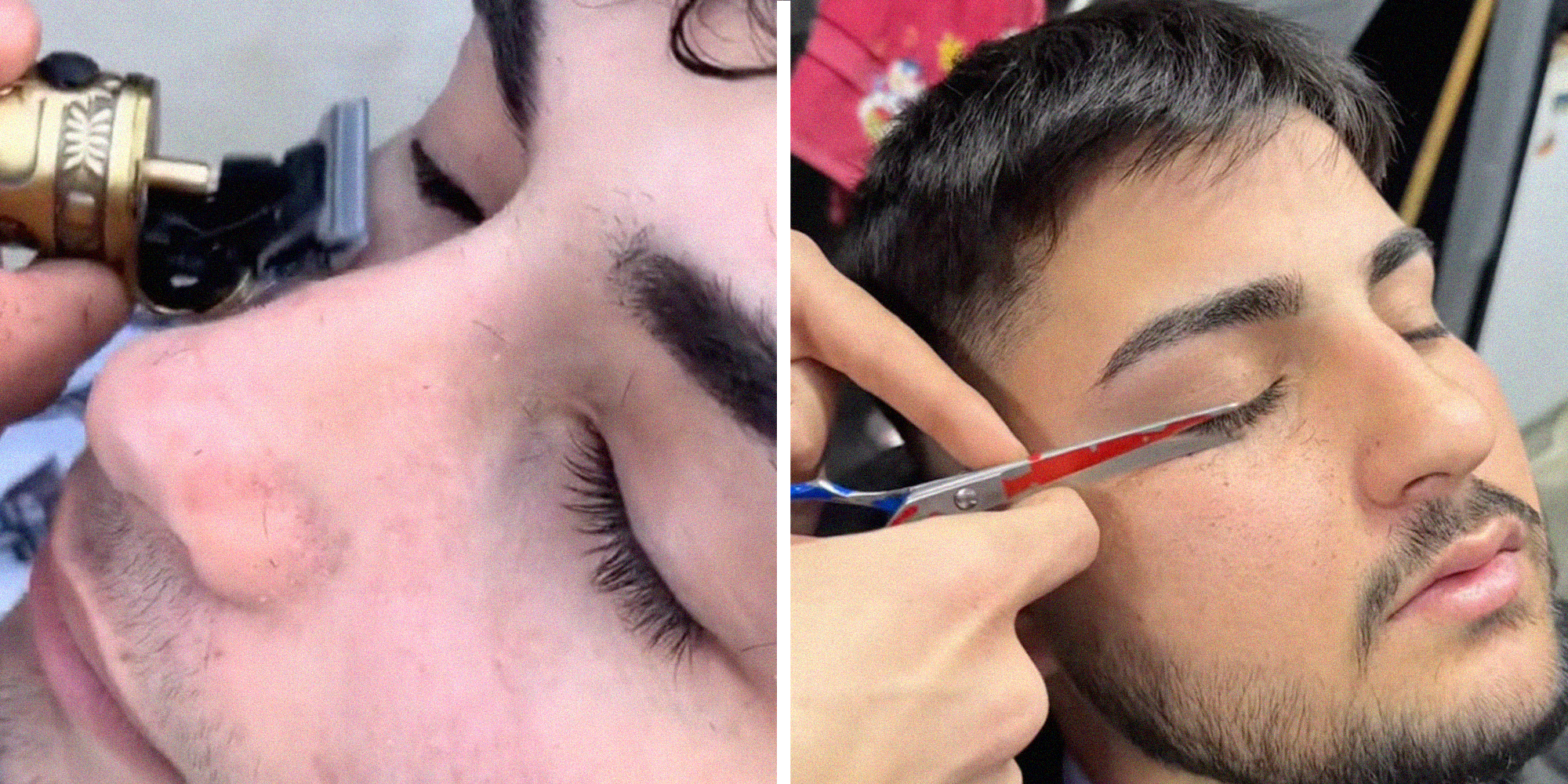 Two panel design with a man's eyelashes being shaved on one side, and another man's eyelashes being cut with scissors on the other