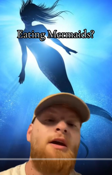 Mermaid eating dinner party TikTok video with a man speaking to the camera behind a caption reading "Eating Mermaids?" The green screen shots a silhouette of a mermaid in front of the sun.
