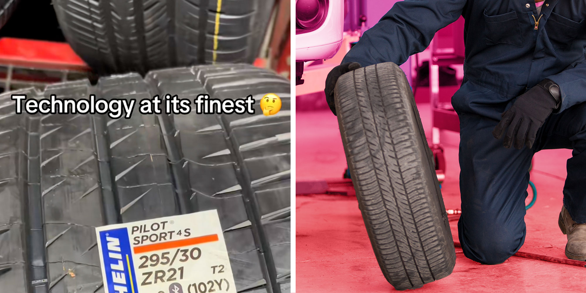 Screenshot from Tiktok user @ant_510 of a Michelin tire with the caption "Technology at its finest [thinking emoji]"; Photo of a Mechanic looking at a tire.