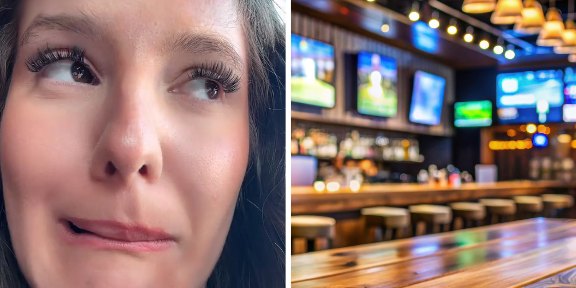 2 panel image, on the left a person smirks and on the right is an empty sports bar.