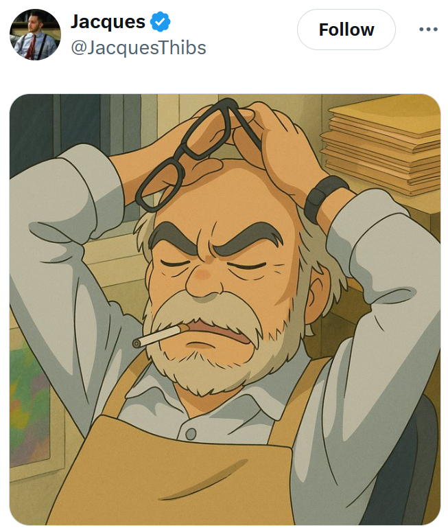 ChatGPT image of Hayao Miyazaki holding his glasses over his head with his eyes closed in a look of exhaustion.