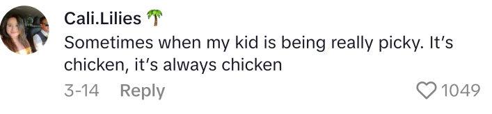 Mom lie that reads, "Sometimes when my kid is being really picky. It’s chicken, it’s always chicken"