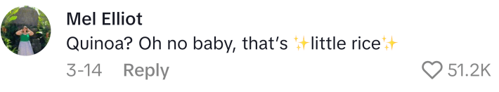 Mom lie that reads, "Quinoa? Oh no baby, that’s ✨little rice✨"