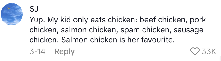 Mom lie that reads, "Yup. My kid only eats chicken: beef chicken, pork chicken, salmon chicken, spam chicken, sausage chicken. Salmon chicken is her favourite."