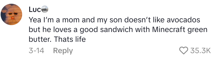 Mom lie that reads, "Yea I’m a mom and my son doesn’t like avocados but he loves a good sandwich with Minecraft green butter. Thats life"