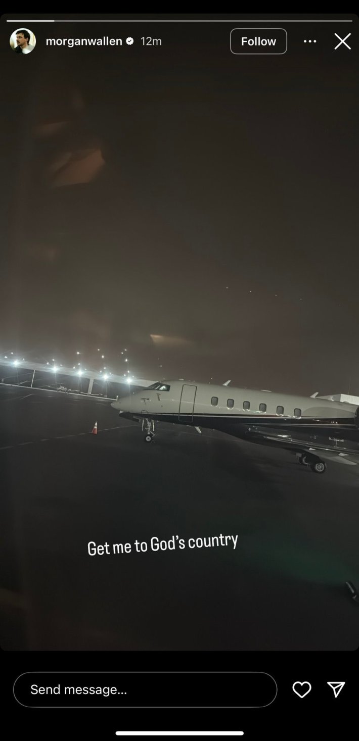 Morgan Wallen's Instagram story that sparked a meme, with the words get me to god's country overlaid.