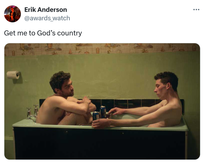 "Get me to God's country" meme with a photo of two men in a small tub.