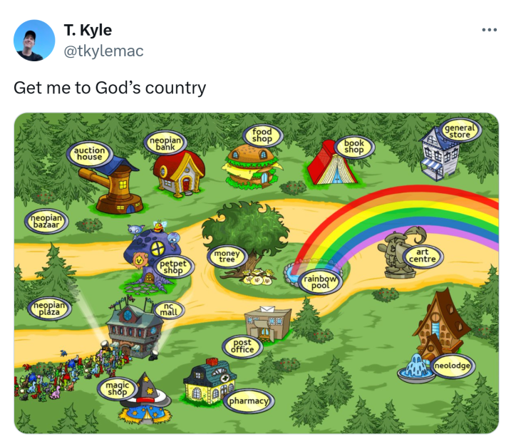 "Get me to God's country" meme with a screenshot of Neopets.
