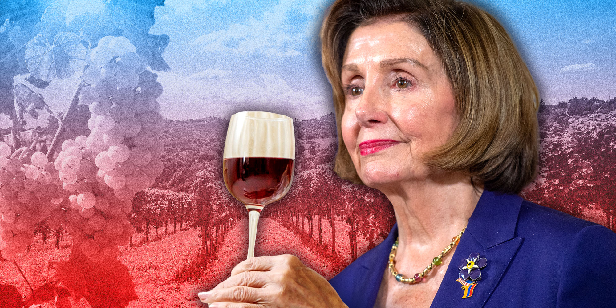 Photo Illustration of Nancy Pelosi holding a glass of wine at a vineyard.