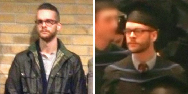 2 panel image showing the same person in two scenes. On the left they stand against a brick wall and on the right they appear in college graduation attire.