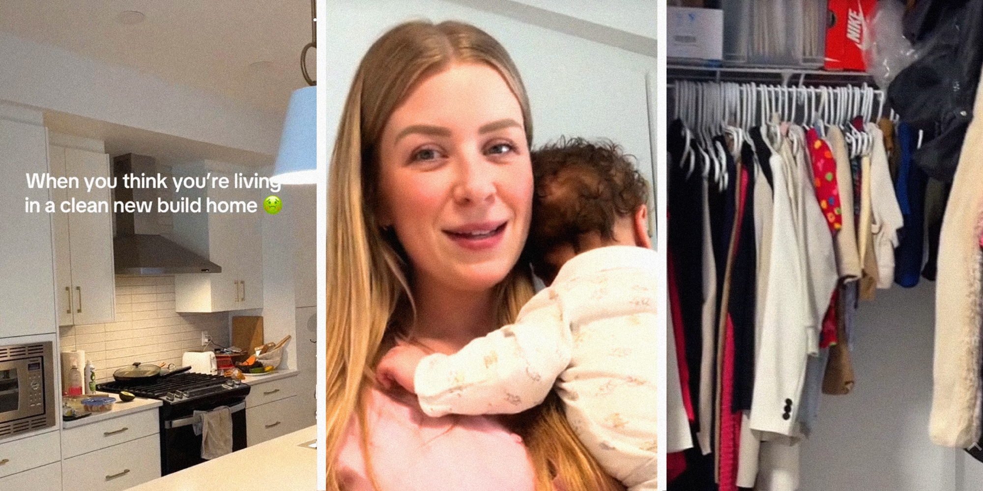 3 panel image, in the middle a person holding a baby explains, and on the sides are scenes from a house inerior.