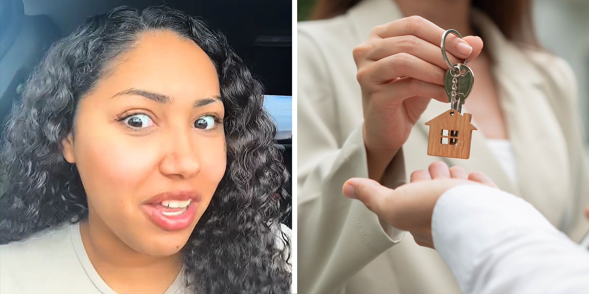 2 image split. Woman looking shocked, talking in car on left. Someone handing someone else home keys on right.