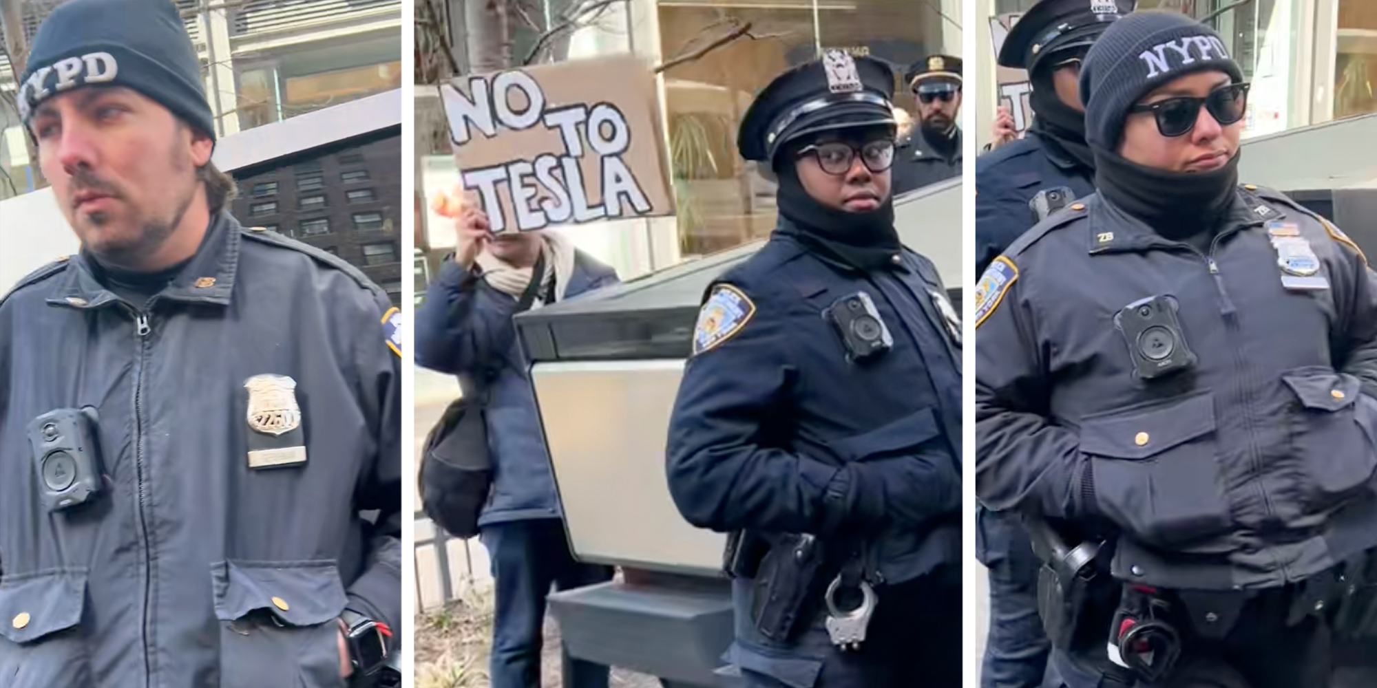 Three split of cops standing near tesla cybertruck