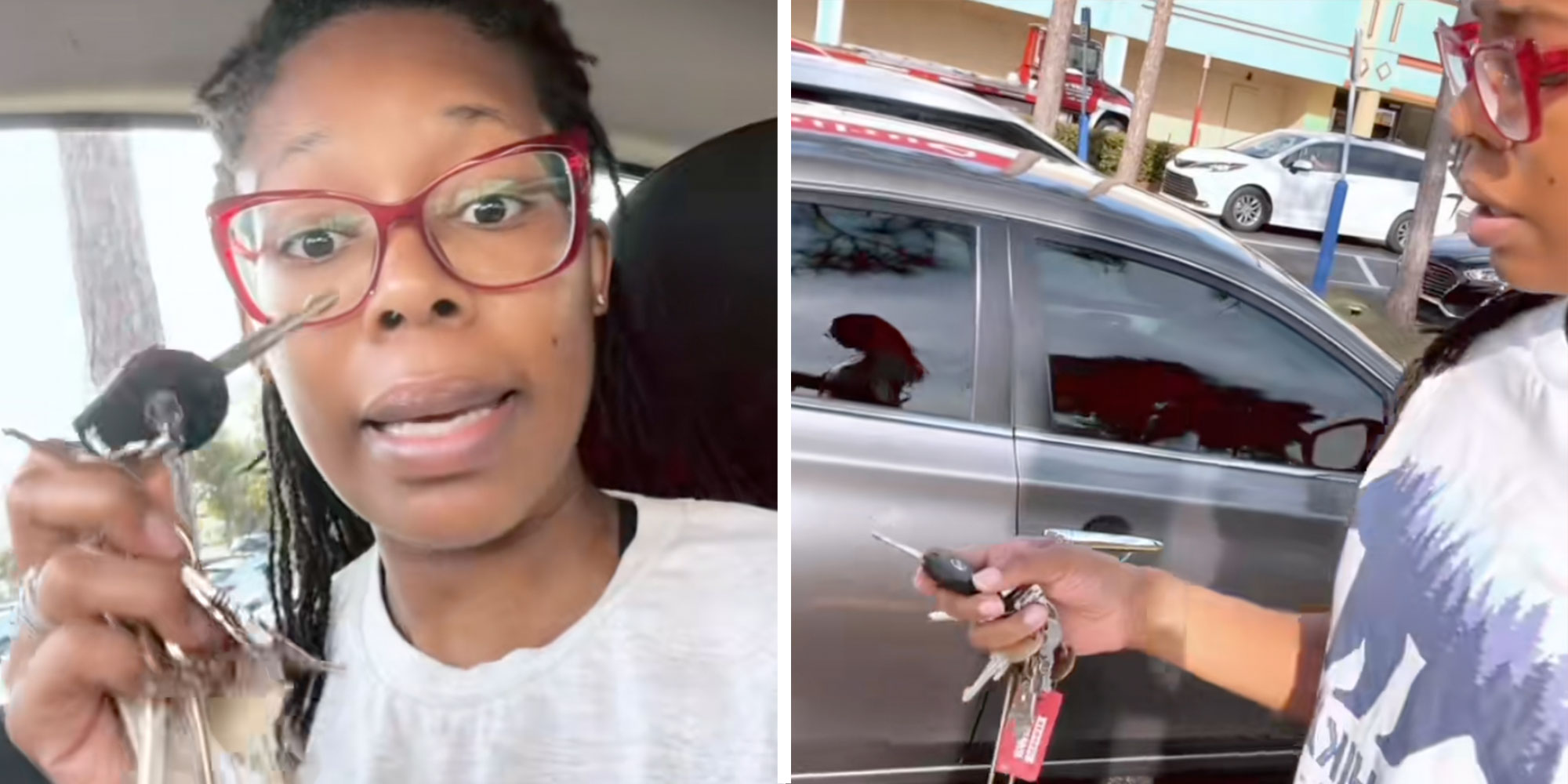Screenshots of Tiktok user @thecoloriivory holding her Nissan Sentra keys.
