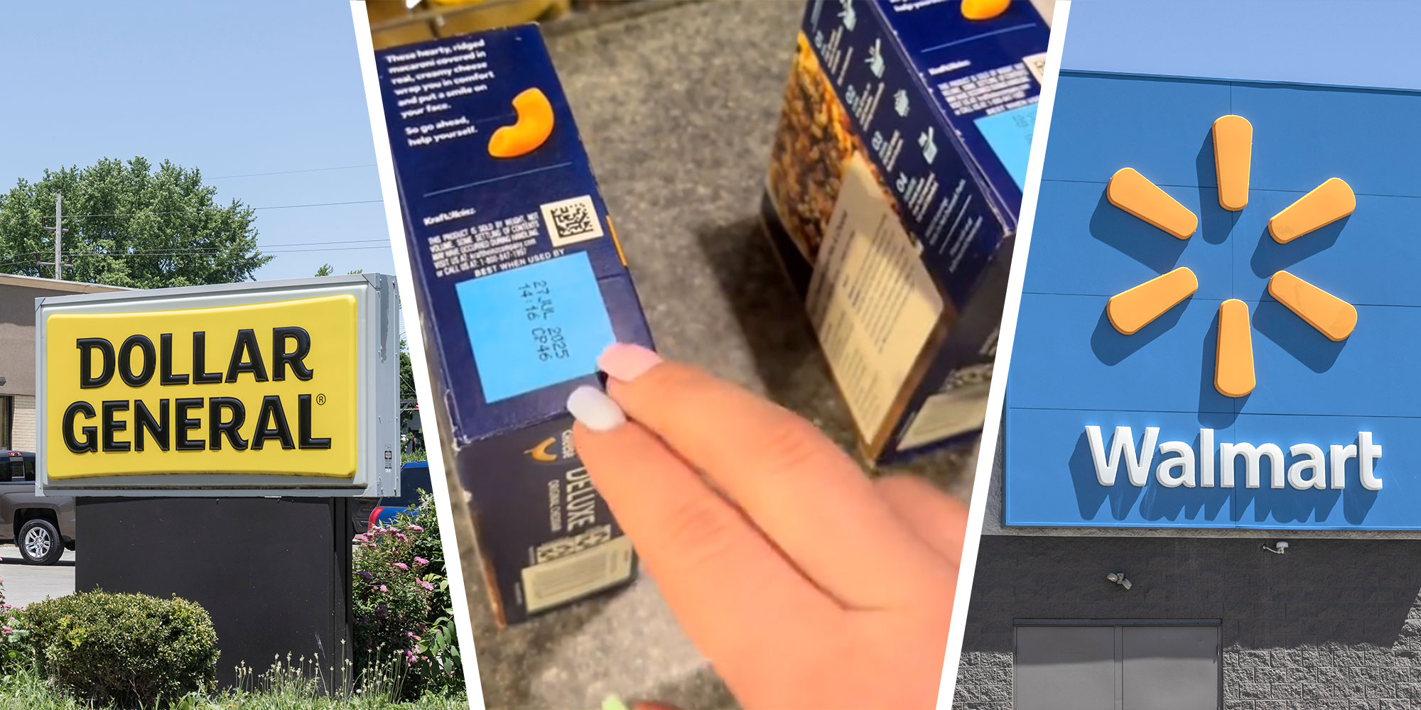 Photo of a Dollar General sign; Screenshot of Tiktok user @justlexenee pointing at a box of Mac and Cheese; Photo of a Walmart exterior sign.