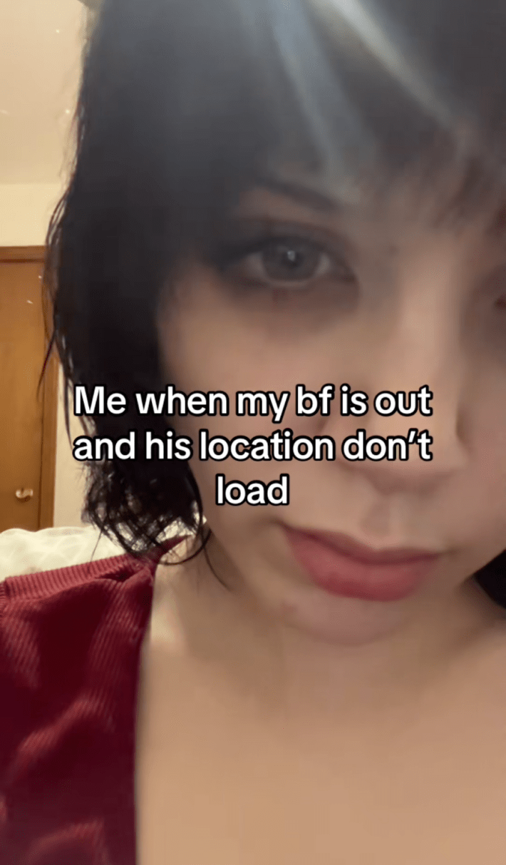 North Liberty meme trend TikTok with a woman staring at the camera. Text reads, "Me when my bf is out and his location don't load."