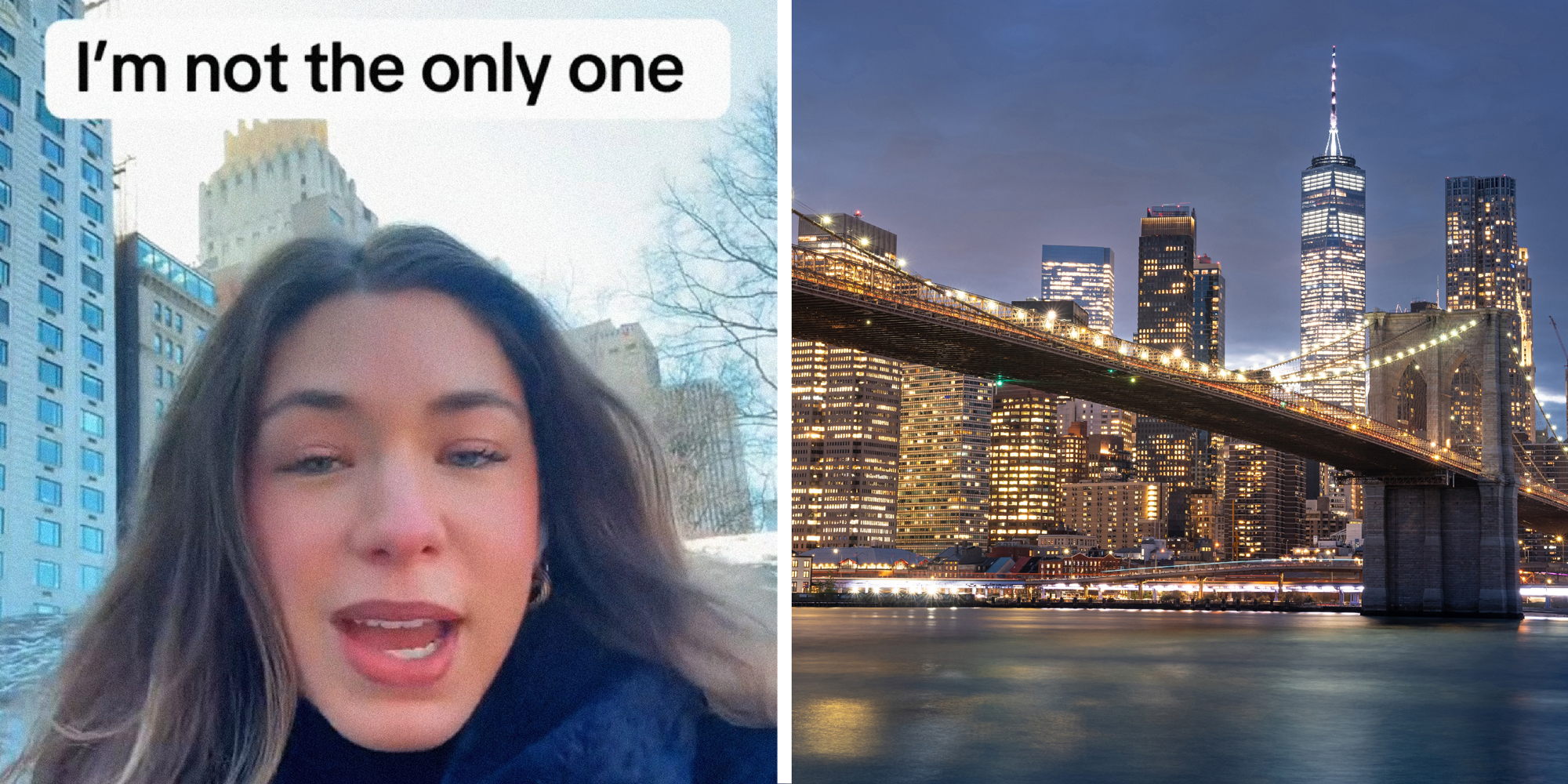 2 panel image of a person explaining, text over: I'm not the only one, and a the New York City skyline.