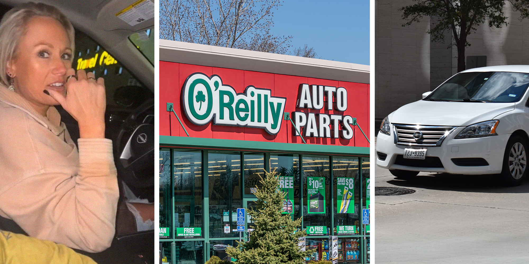 Woman inside of nissan maxima(l) O'reilly auto parts store front(c) white Nissan Maxima(r)