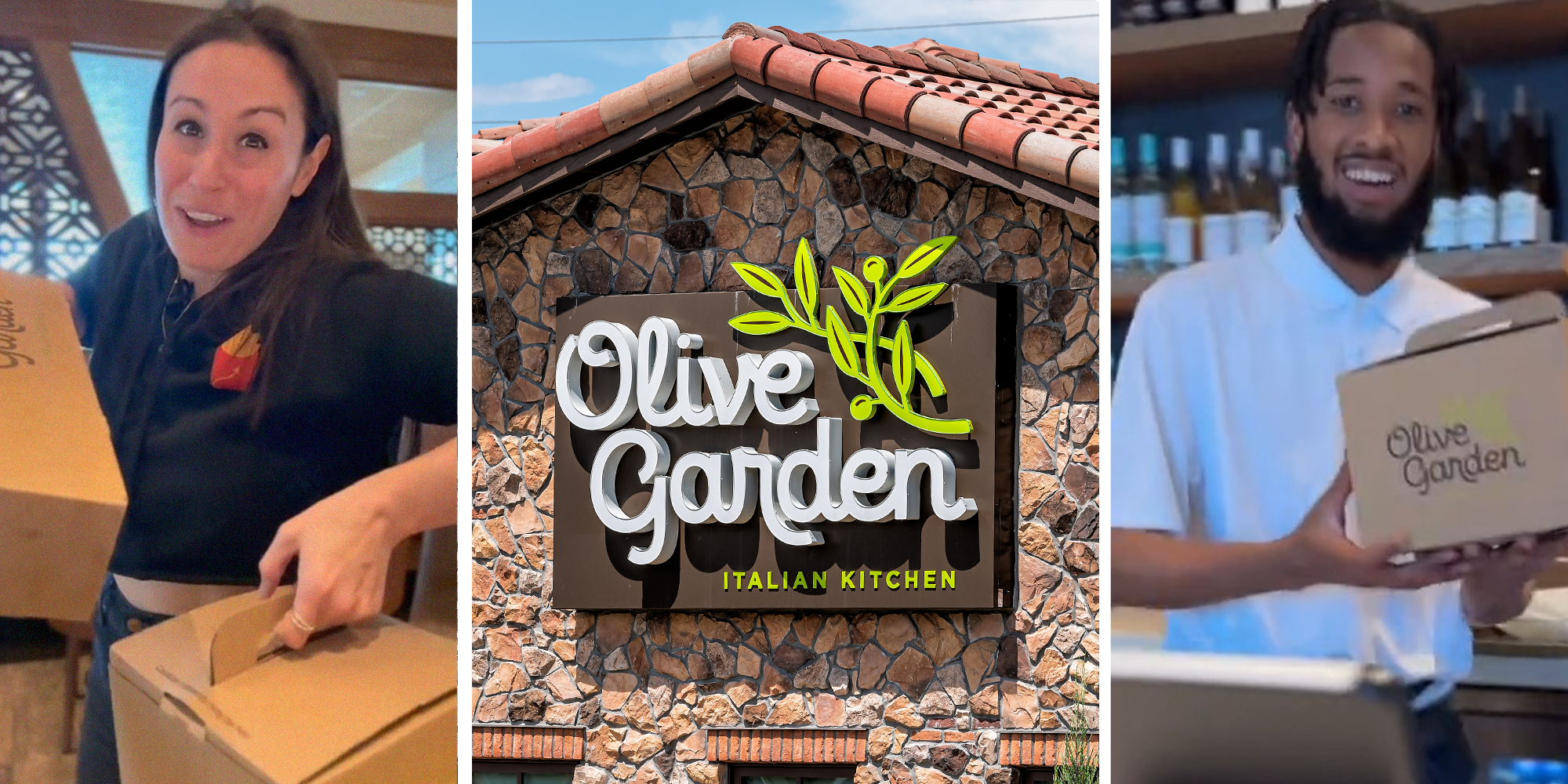 woman holding up boxes from olive garden(l) Oliver Garden Sign on building(c) Oliver Garden Worker delivering boxes(r)