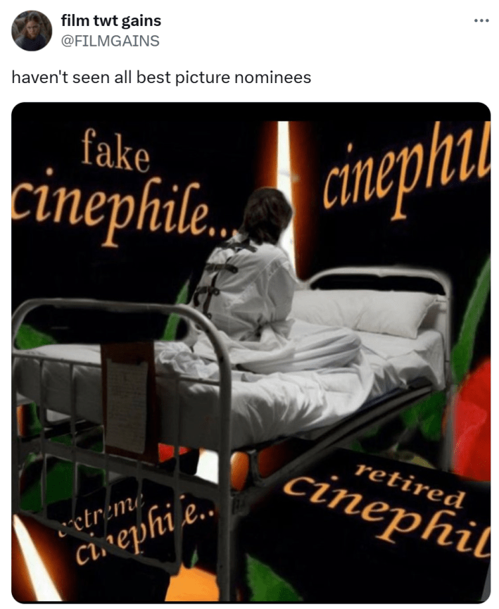 Oscars meme, text reads, "haven't seen all best picture nominees" with a photo of a person in a straight jacket sitting on a bed with the words "fake cinephile" around them.