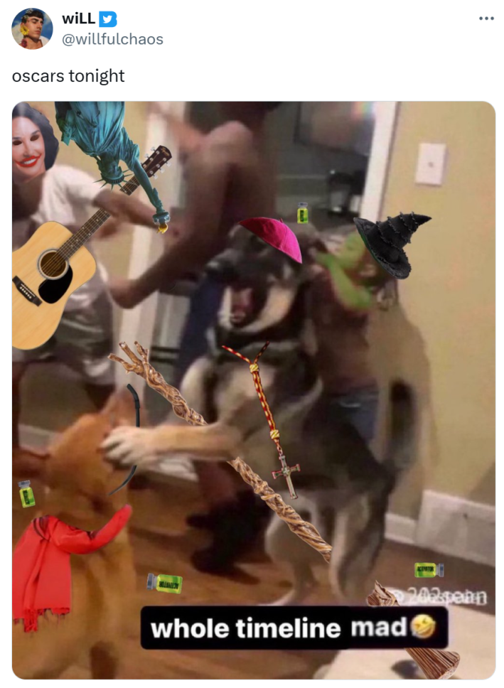 Oscars meme, text reads, "oscars tonight) with a blurry photo of dogs playing in a house and iconic elements from 2024 movies Photoshopped on.