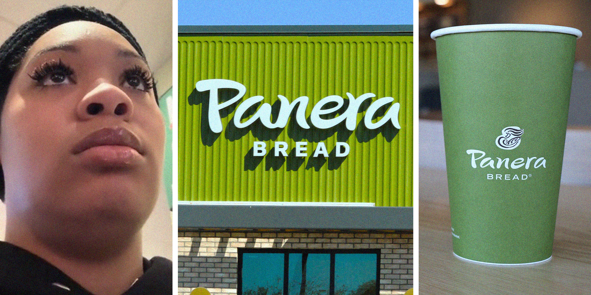 woman shares what she ordered at panera(l) Panera Bread Sign(c) Panera Cup(r)