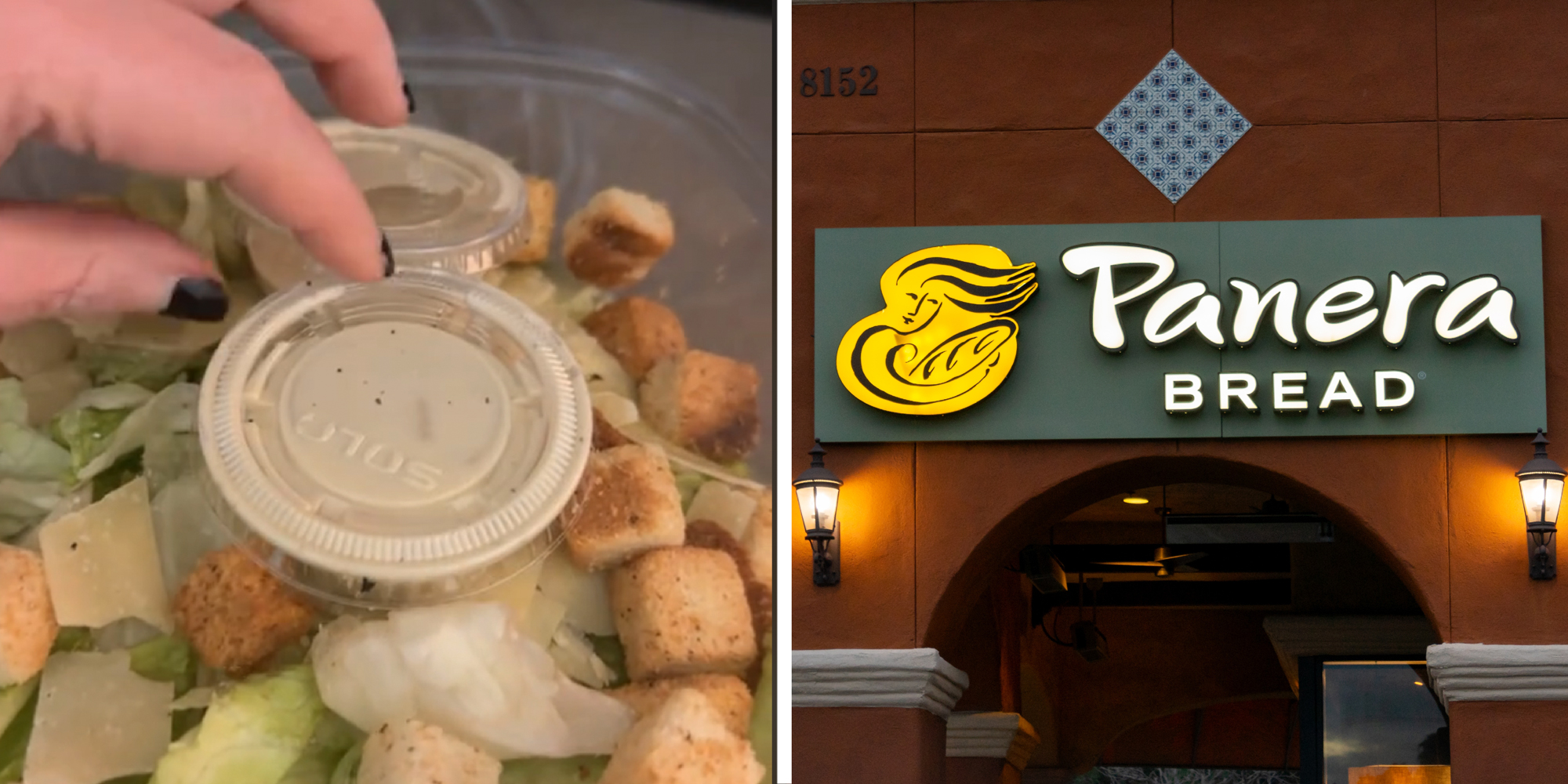 2 panel image: A salad in a container and the Panera restaurant exterior.