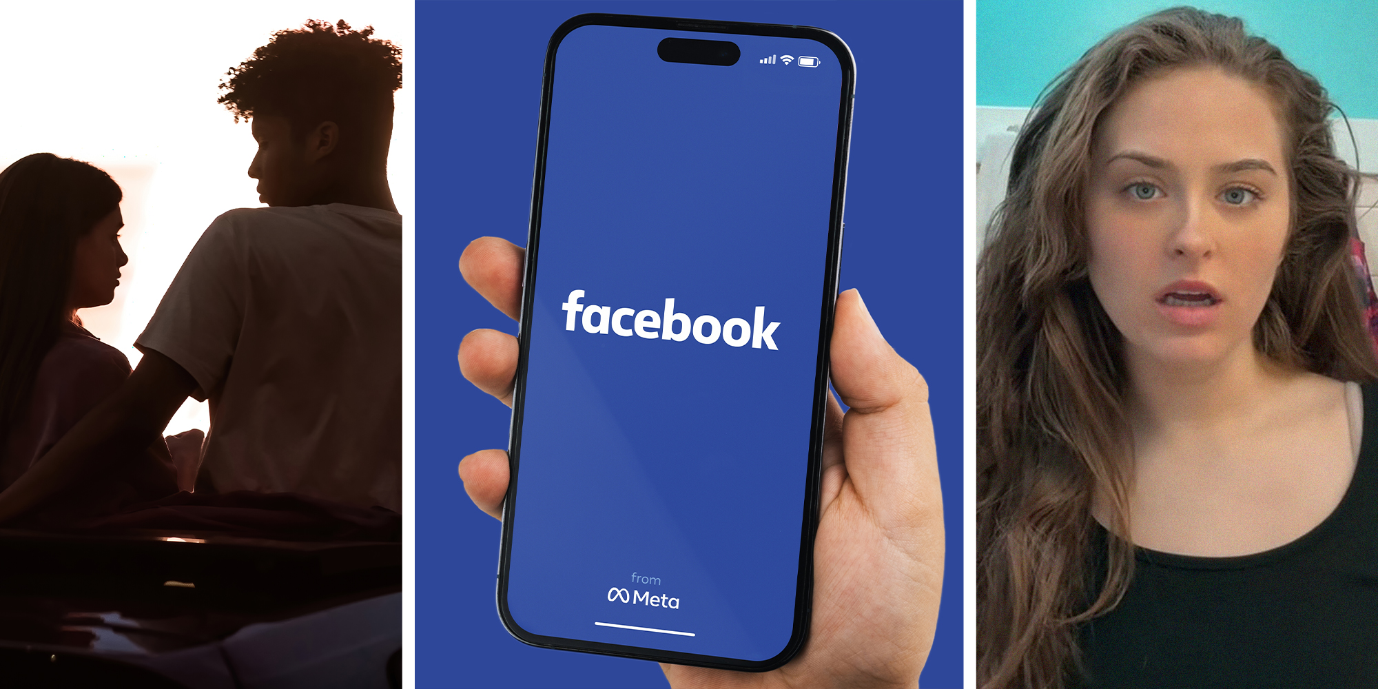 couple in parking lot(l) Facebook logo on phone display(c) Woman looking shocked(r)