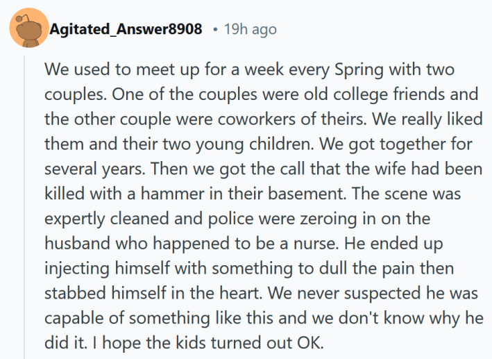 Reddit comment reading "We used to meet up for a week every Spring with two couples. One of the couples were old college friends and the other couple were coworkers of theirs. We really liked them and their two young children. We got together for several years. Then we got the call that the wife had been killed with a hammer in their basement. The scene was expertly cleaned and police were zeroing in on the husband who happened to be a nurse. He ended up injecting himself with something to dull the pain then stabbed himself in the heart. We never suspected he was capable of something like this and we don't know why he did it. I hope the kids turned out OK."