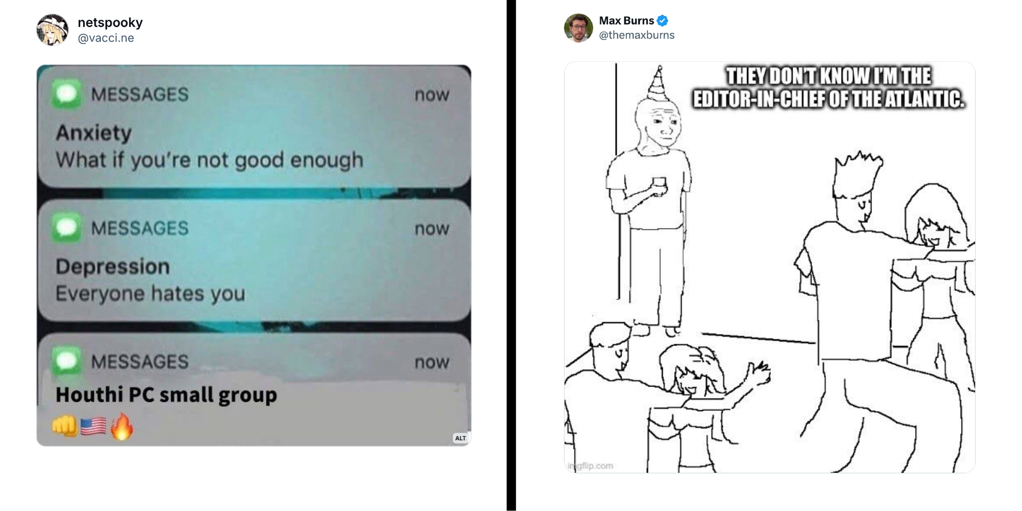 2 panel image: on the left is a Bluesky post from @vacci.ne and on the right is an X post from Max Burns.